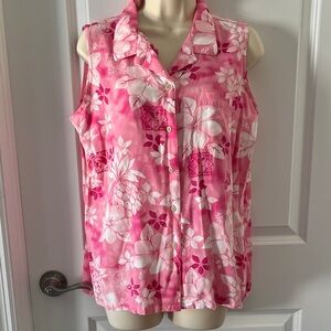 Big Dogs Logo Pink and White Tropical Print Blouse W Dog Print Rare Find SZ L